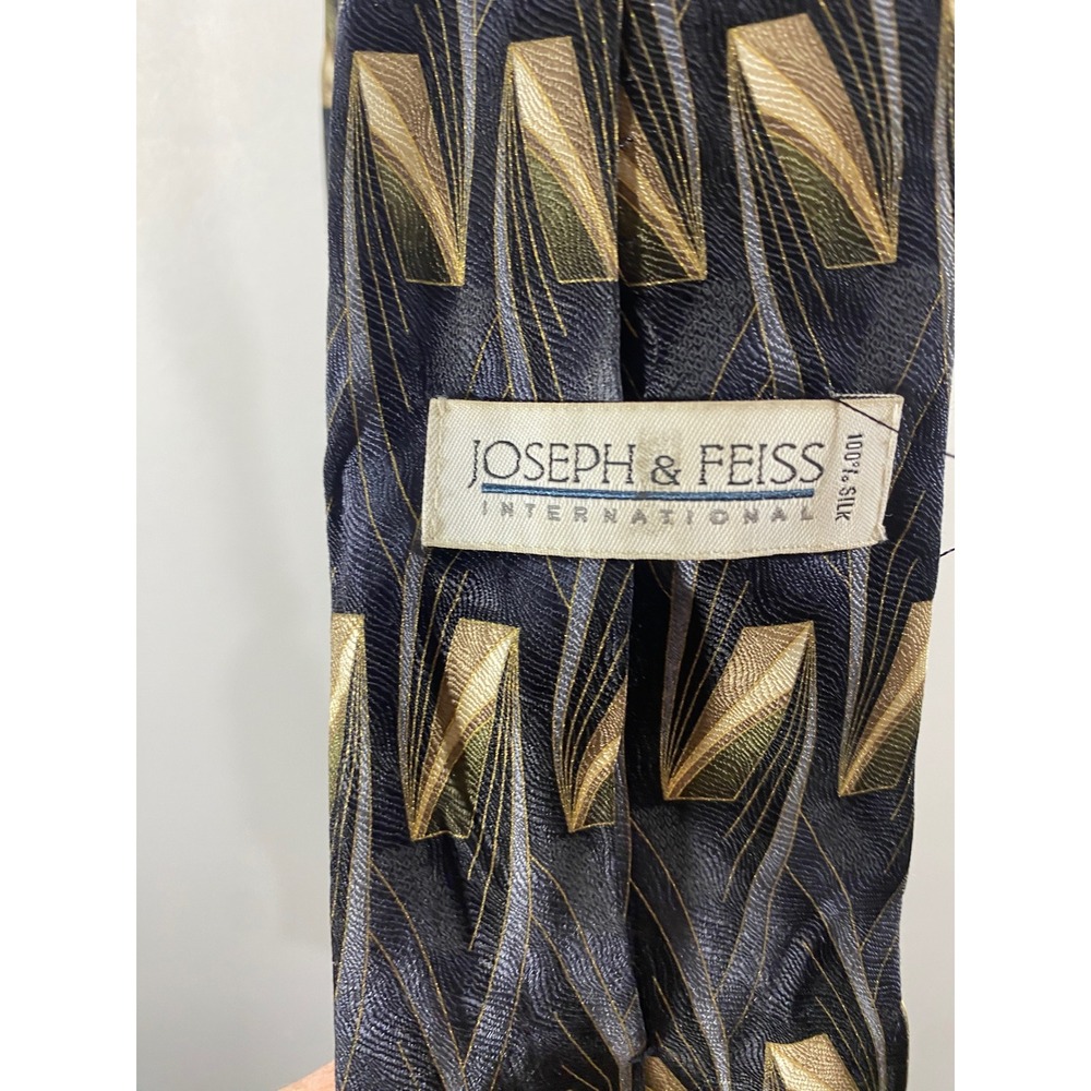 Joseph & Feiss International Mens Silk Tie Gold Green Geometric Abstract Woven